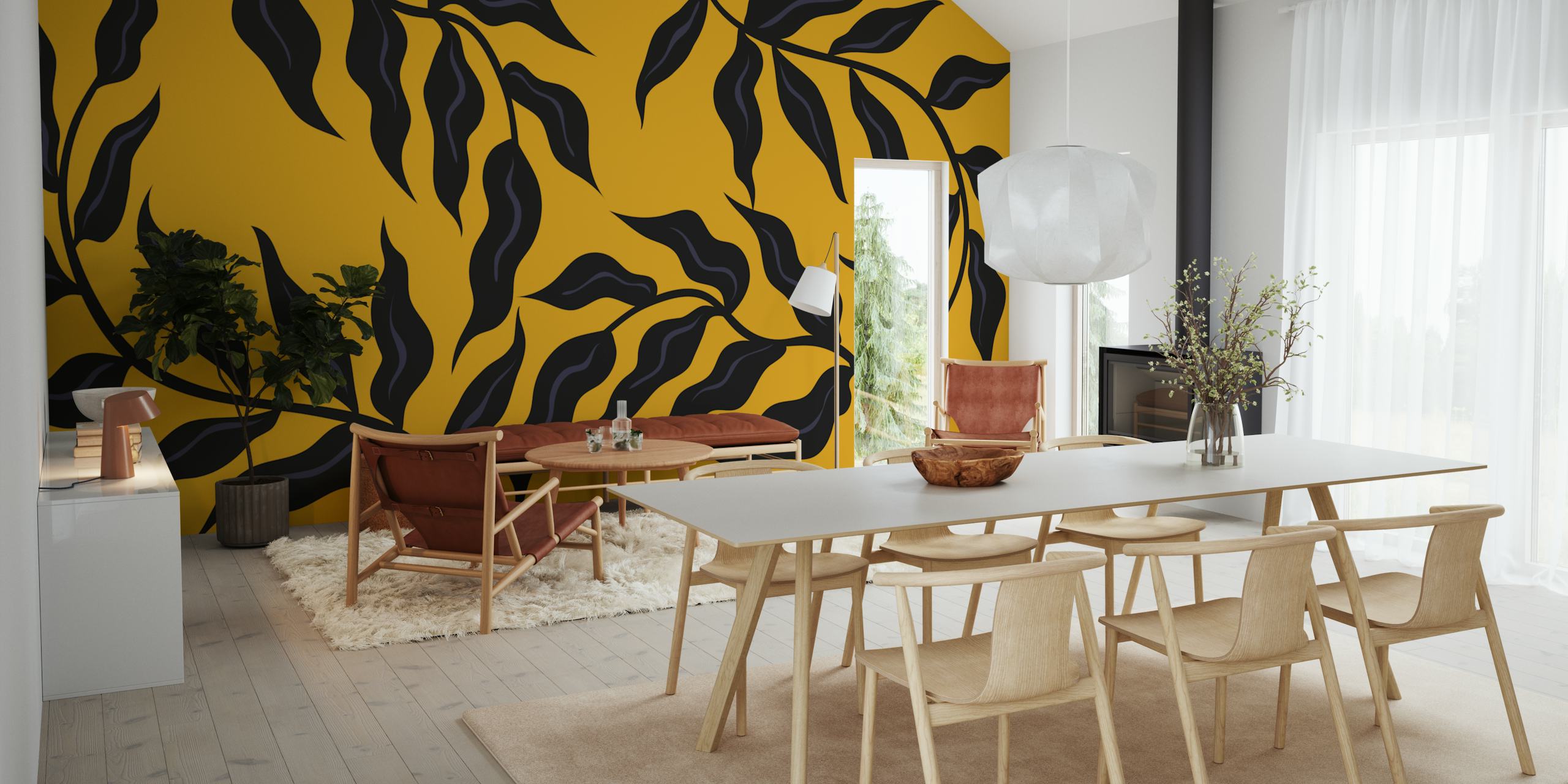 Papel de parede Black Retro Leaves em um quarto